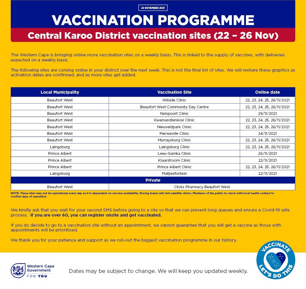Cape Rural vaccination sites active week 22 to 26 November 2021 Central Karoo FEyXjx9WYAADtmP.jpg