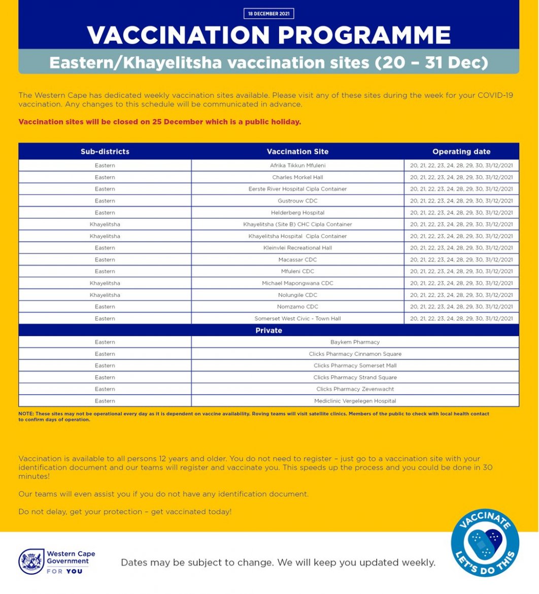 Cape Town Metro vaccination sites for 20 to 31 December 2021 Eastern Khayelitsha.jpg