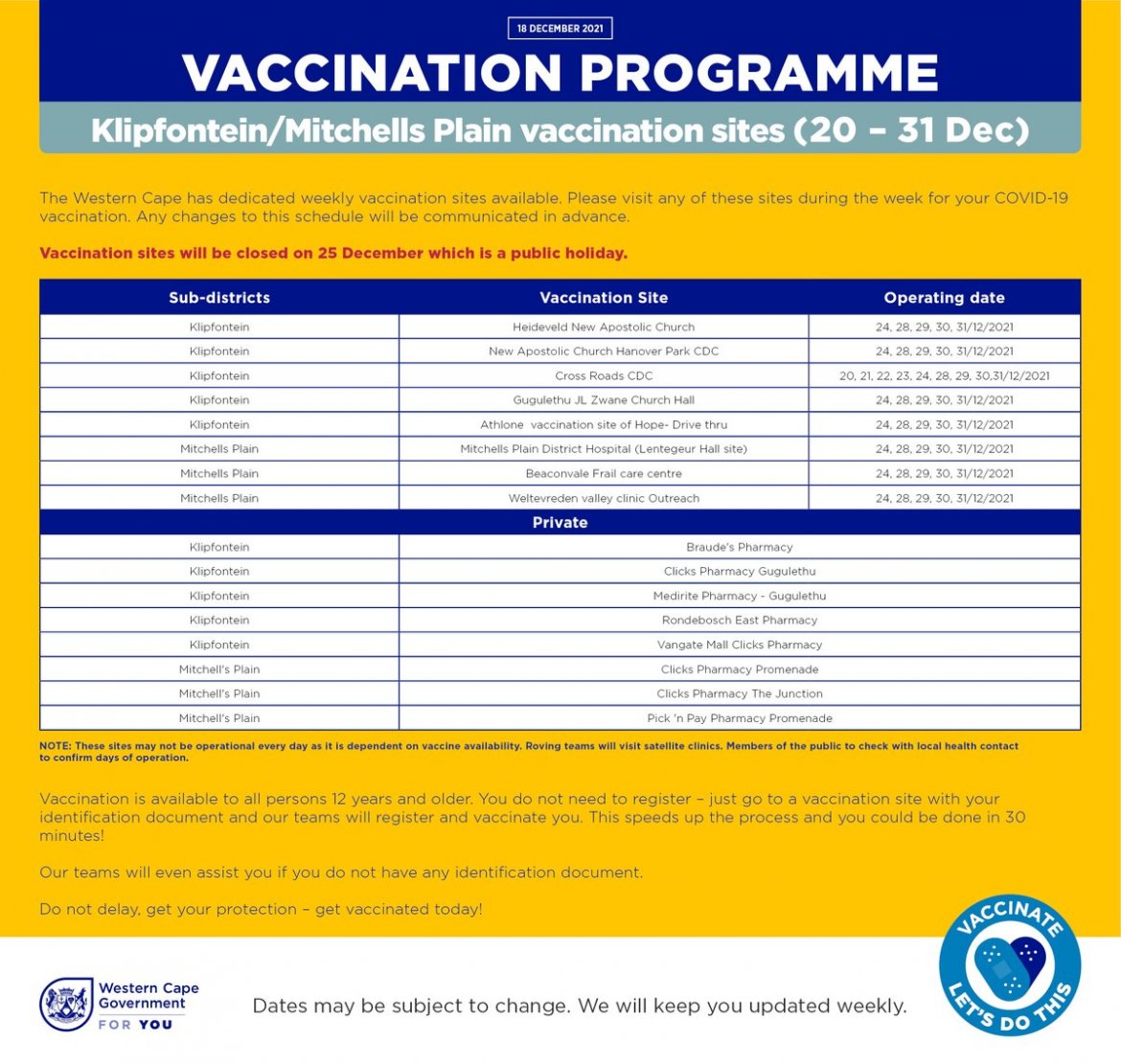 Cape Town Metro vaccination sites for 20 to 31 December 2021 Klipfontein Mitchells Plain.jpg