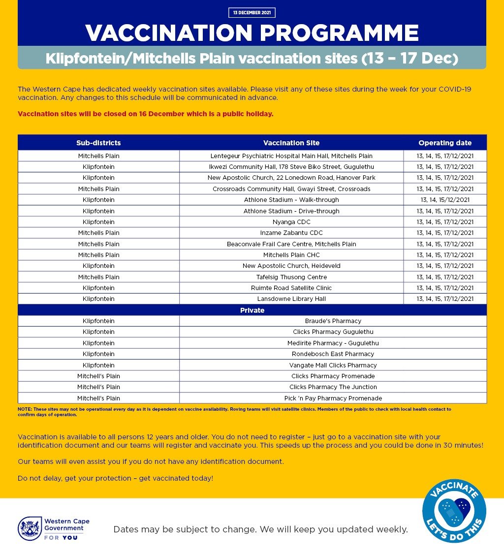 Vaccine sites active for the week of 13 to 17 December 2021 Cape Metro Klipfontein Mitchells Plain.jpg