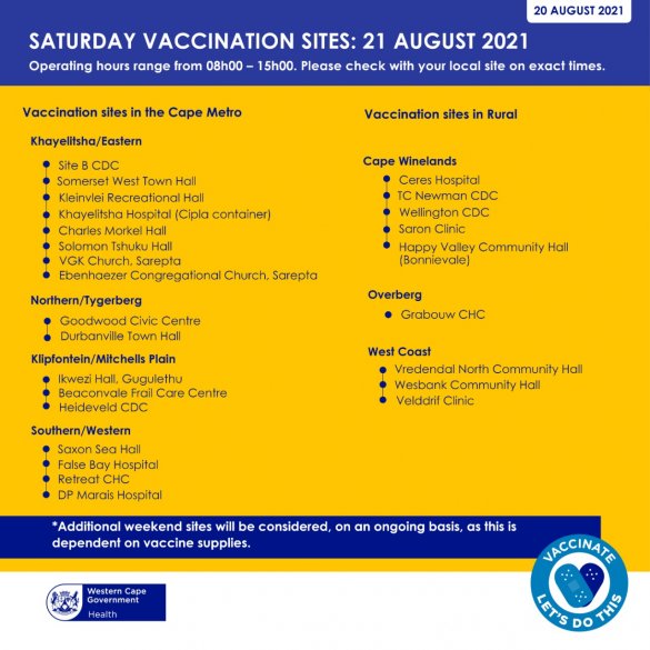 Saturday Vaccination Sites on 21 August 21 in the Western Cape.